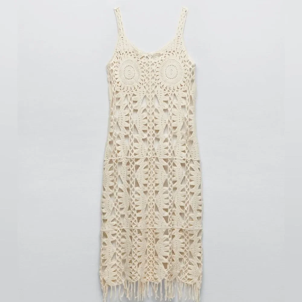 ZARA MACRAMÉ FRINGED KNIT DRESS - Picture 7 of 10
